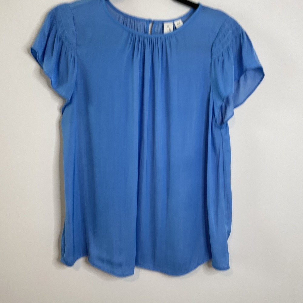 Joie M Blue Flutter Sleeve Blouse Gathered Neck Keyhole Back Boho Top